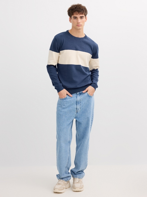 Color block knit sweater petrol blue front view