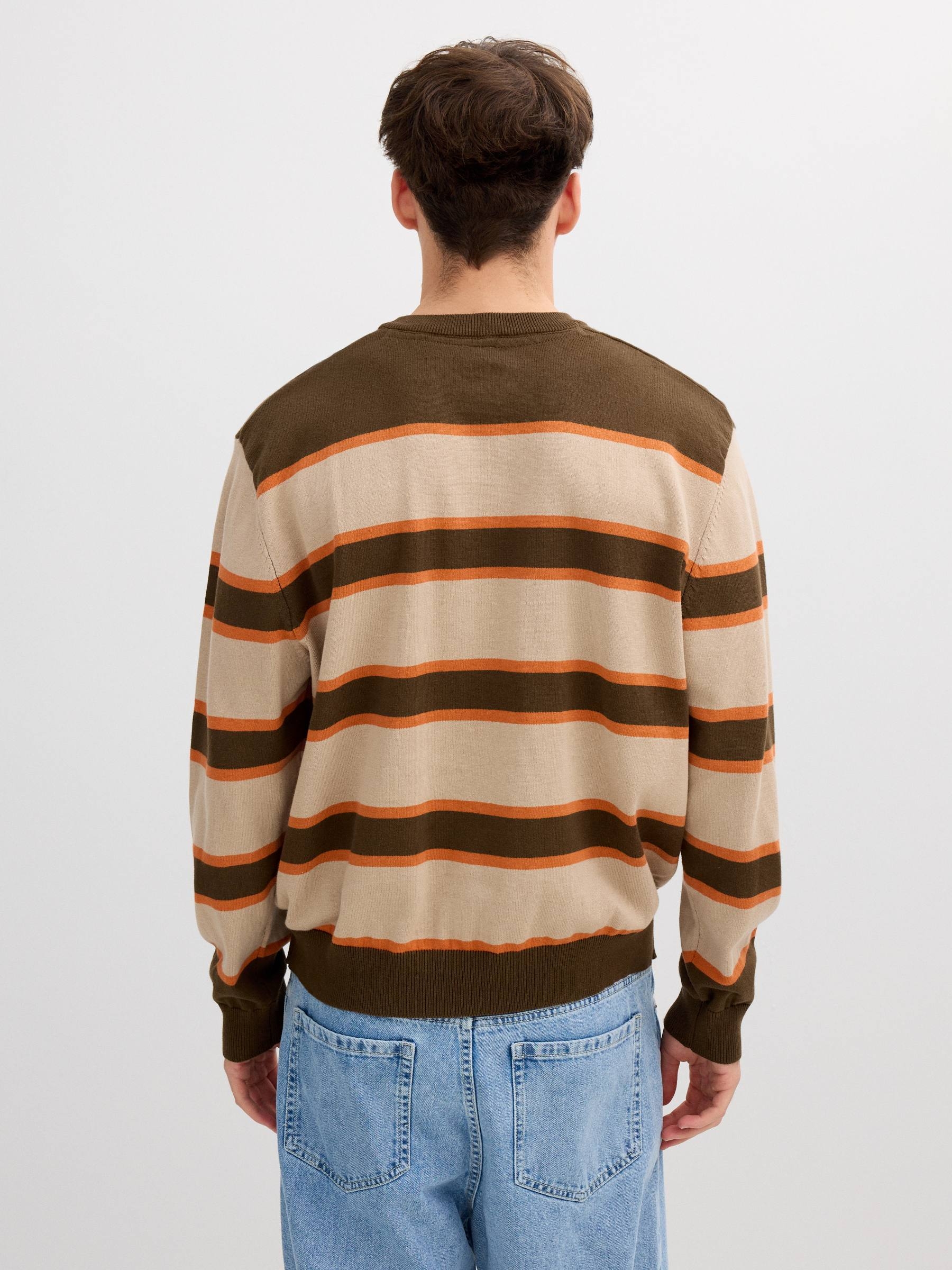 Striped knit sweater with a round neck brown middle front view