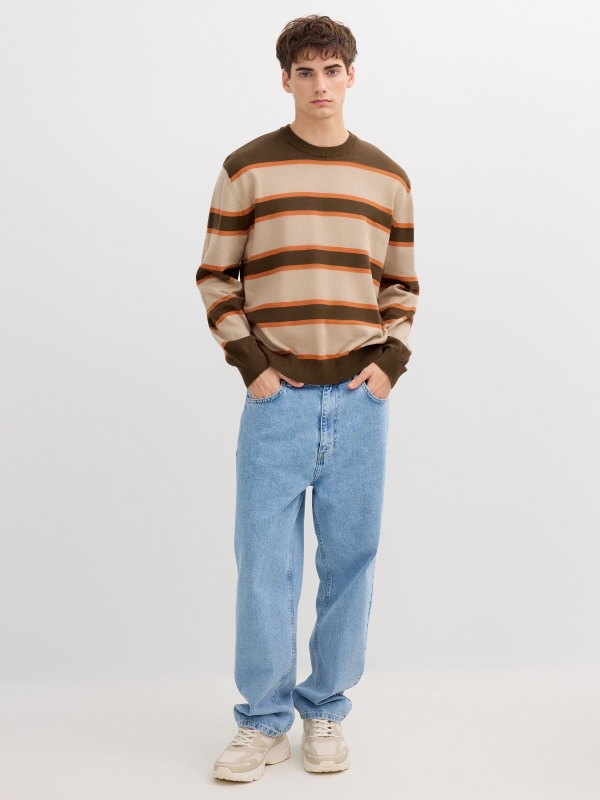 Striped knit sweater with a round neck brown front view