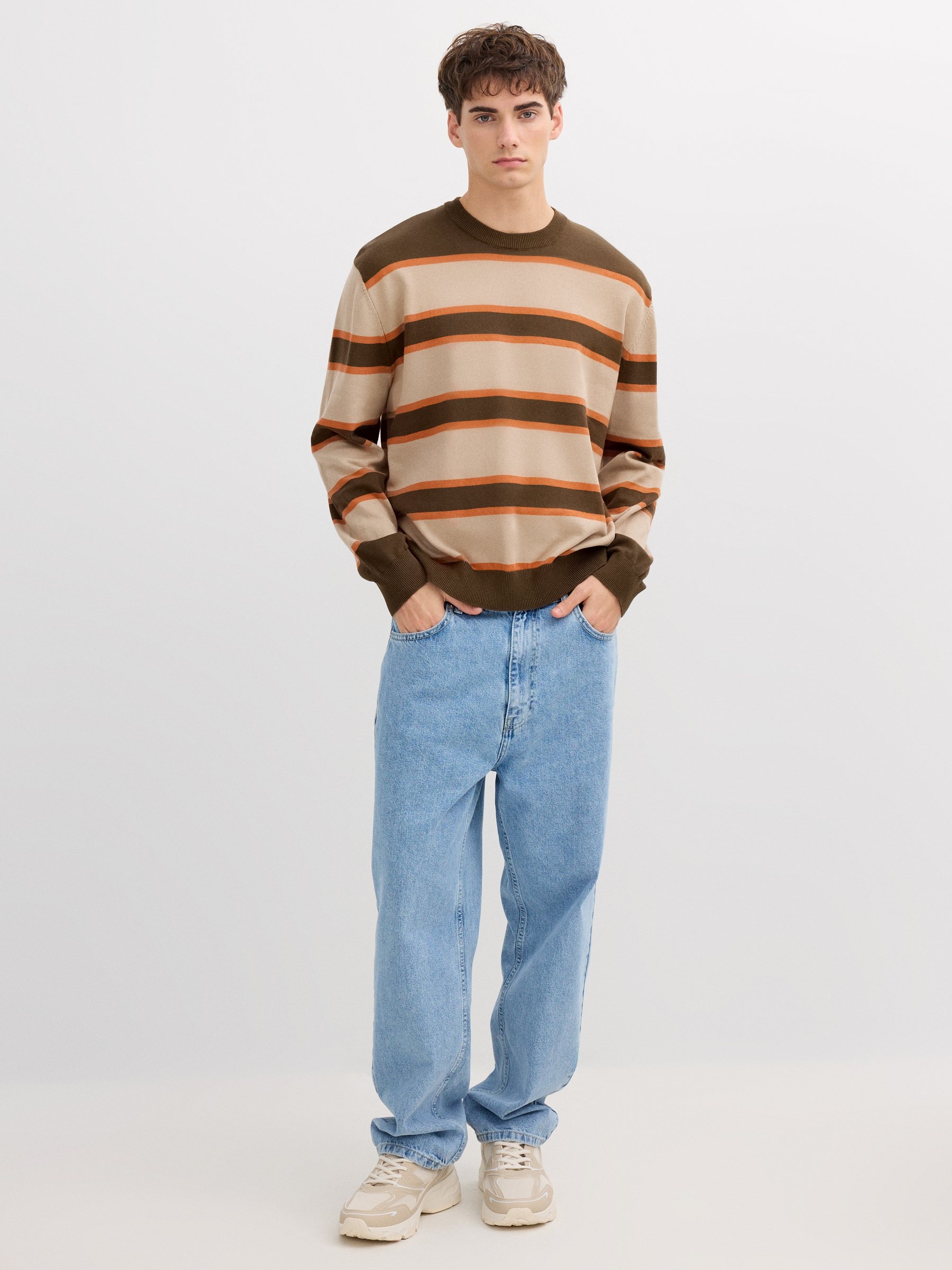 Striped knit sweater with a round neck brown middle front view