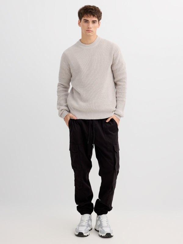 Basic knit round neck sweater raw front view
