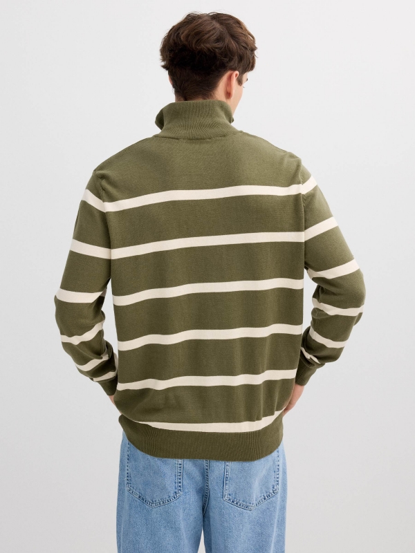 Striped knit sweater with zipper collar khaki middle back view