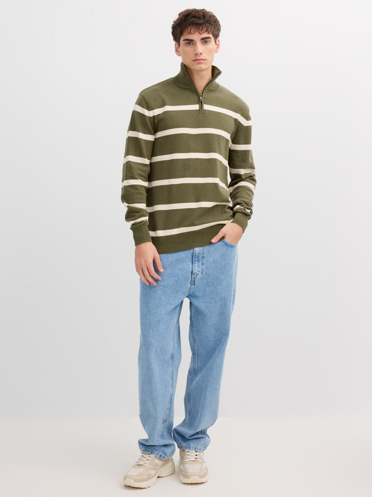 Striped knit sweater with zipper collar khaki front view