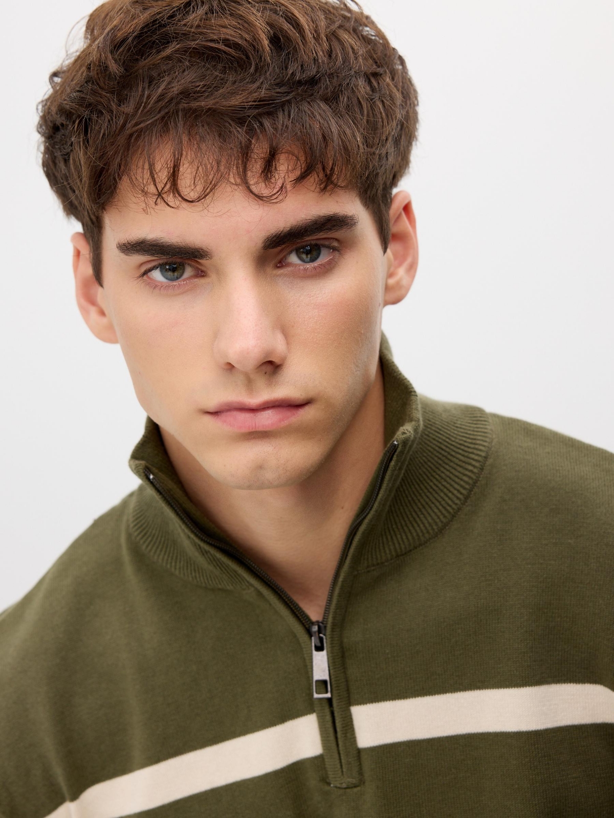 Striped knit sweater with zipper collar khaki detail view