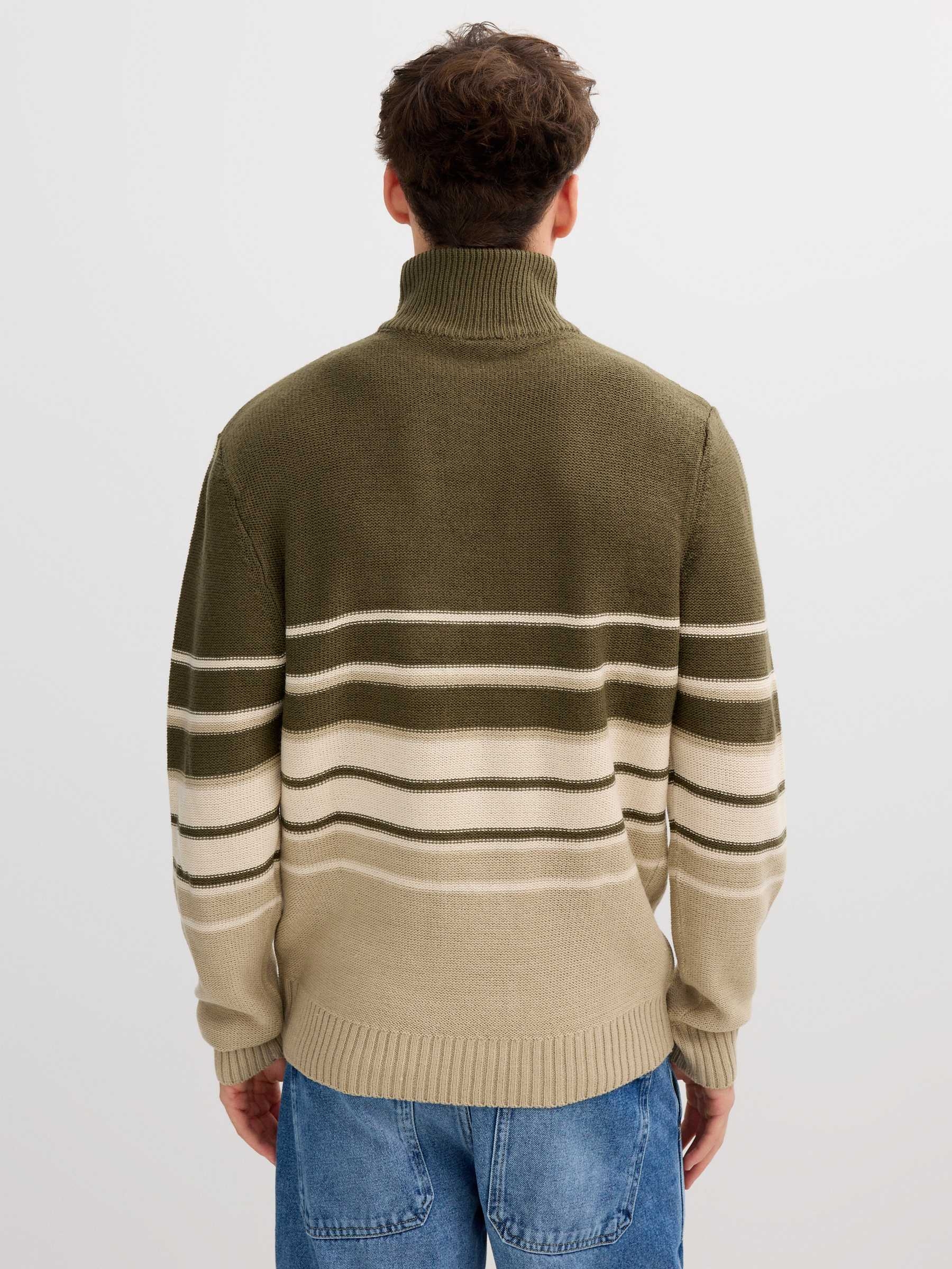 Striped knit sweater with zipper collar khaki middle front view