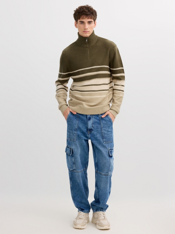 Striped knit sweater with zipper collar khaki front view