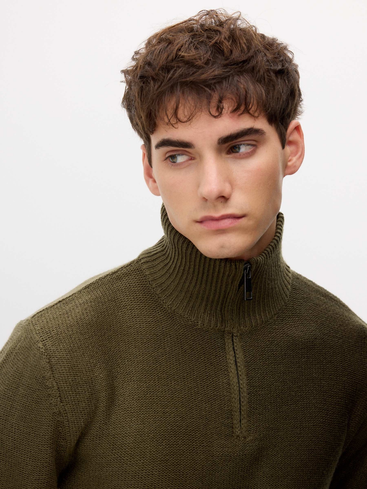 Striped knit sweater with zipper collar khaki detail view