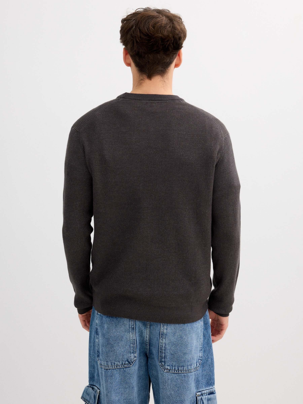 Basic knit round neck sweater grey middle back view