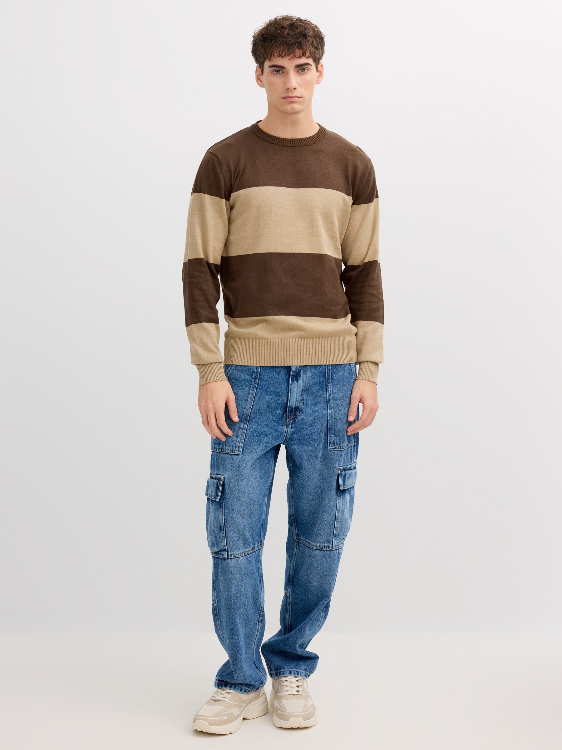 Color block striped knit sweater brown middle front view