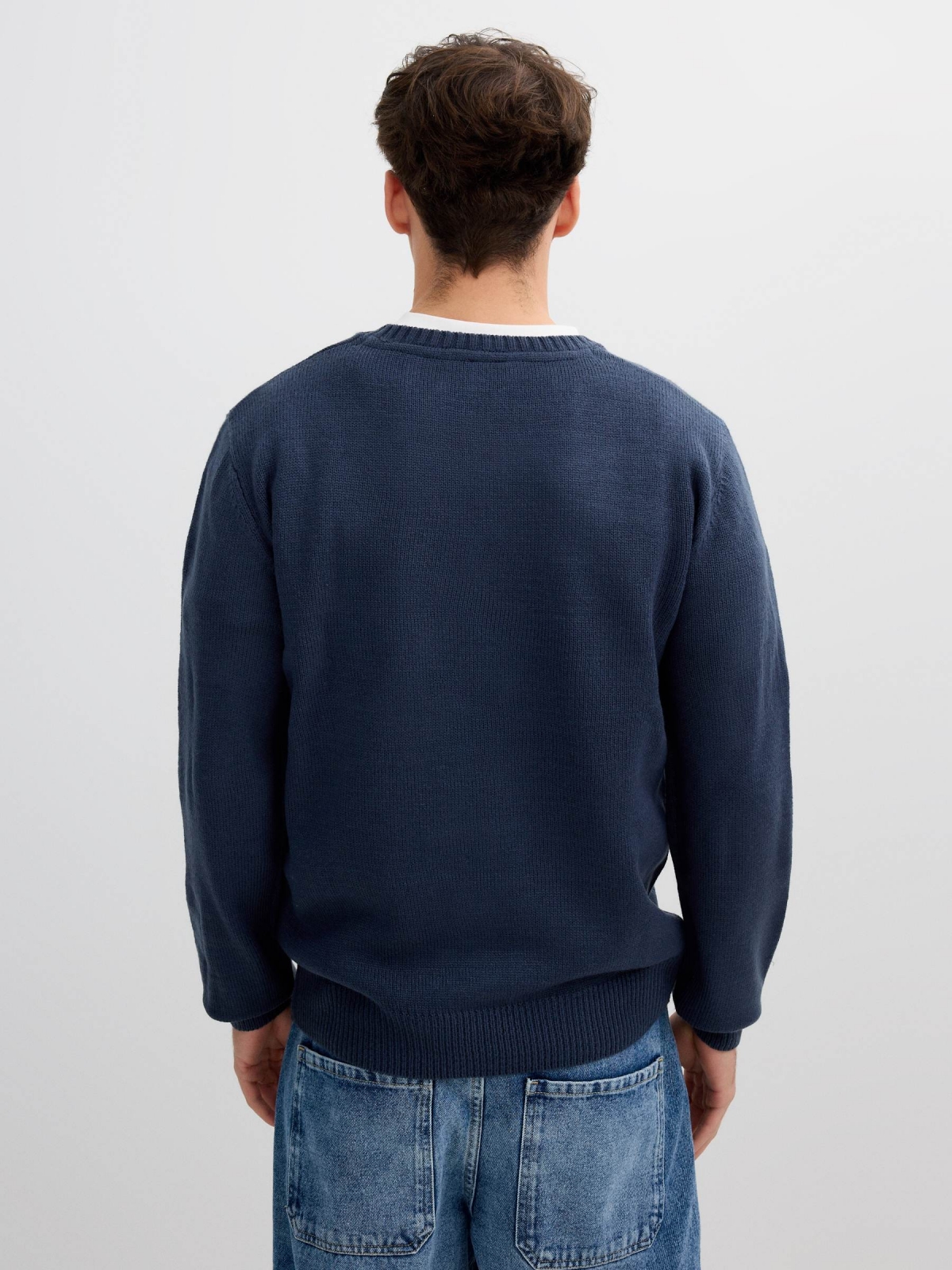 Round neck knit sweater petrol blue middle back view
