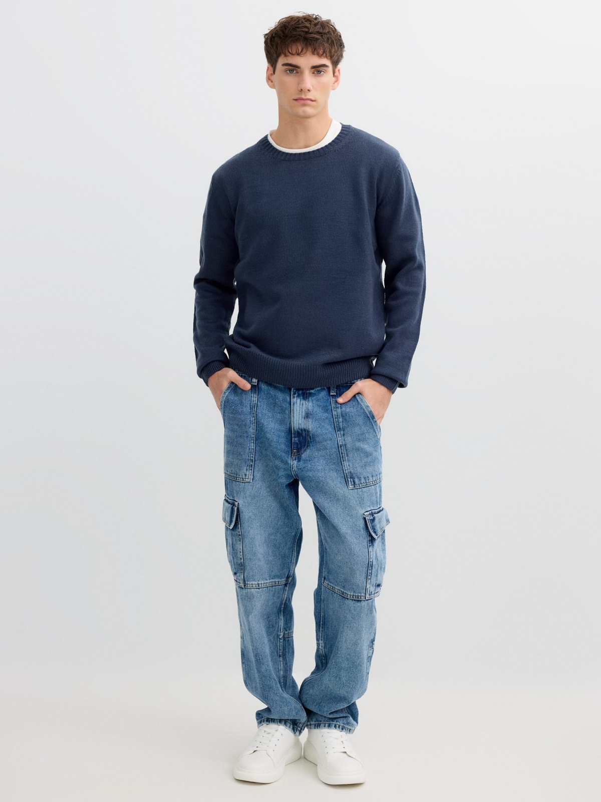 Round neck knit sweater petrol blue front view