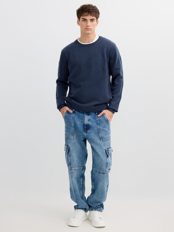 Round neck knit sweater petrol blue front view