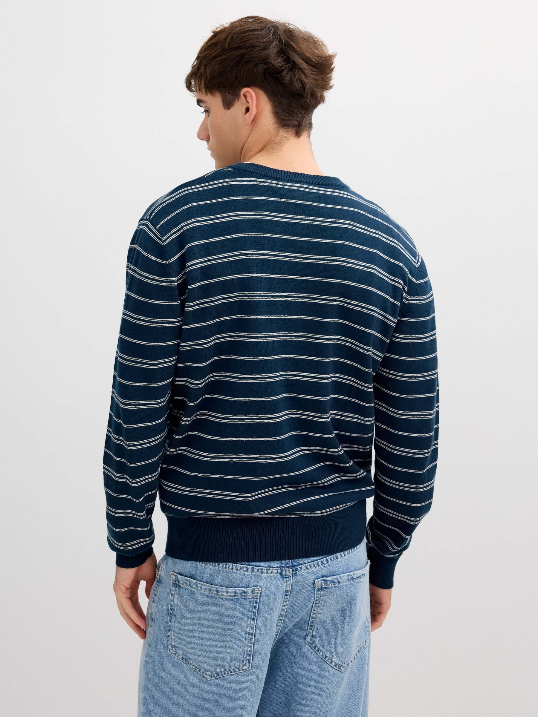 Striped knit sweater with a round neck navy middle front view