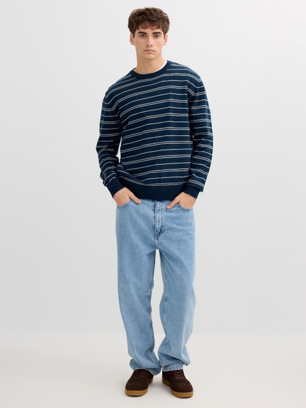 Striped knit sweater with a round neck navy front view