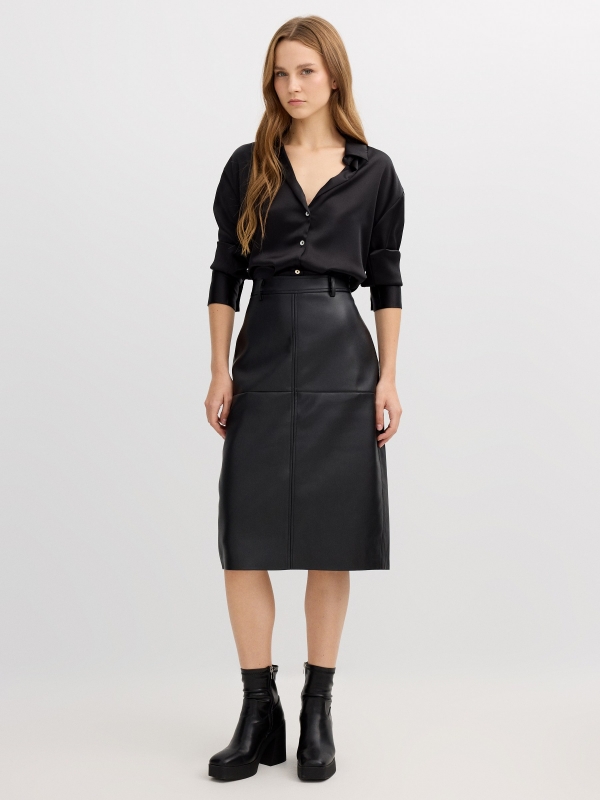 Fitted midi skirt with leather effect black front view
