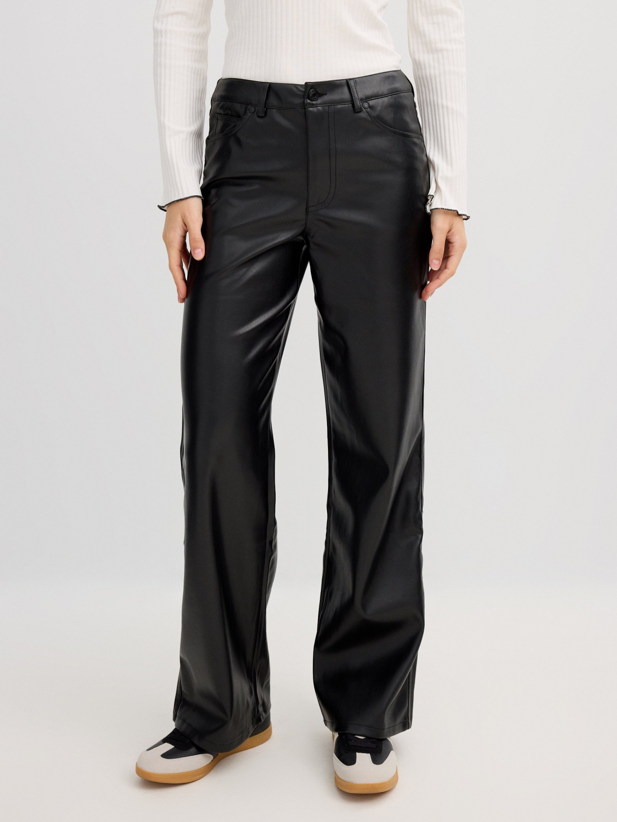 Straight fit leather effect pants black middle front view
