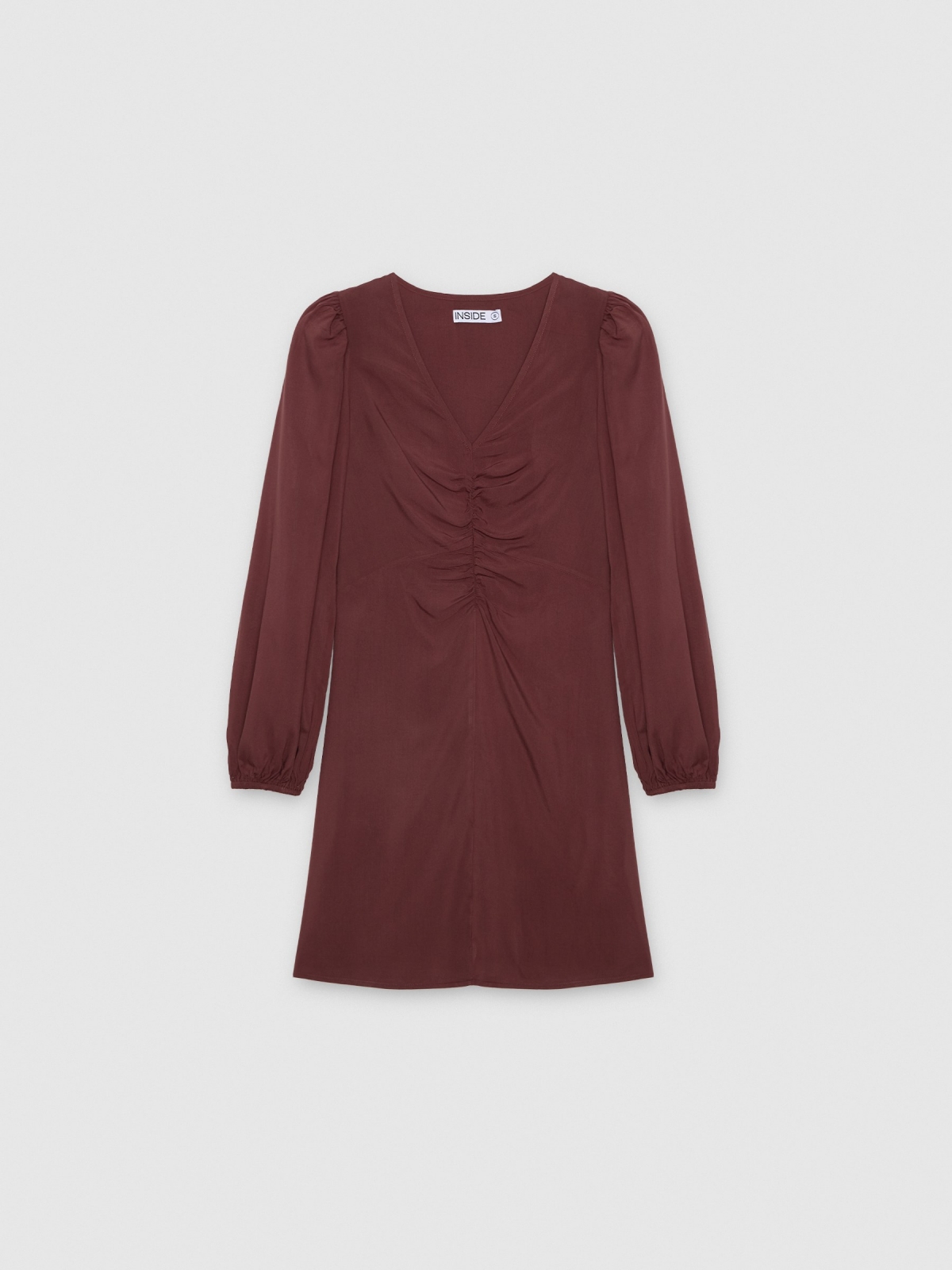 %Pto% Vestido mini fruncido de viscosa marrón vista frontal