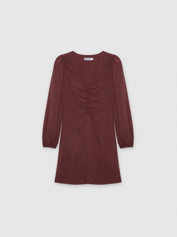  Vestido mini franzido de viscose marrom vista frontal