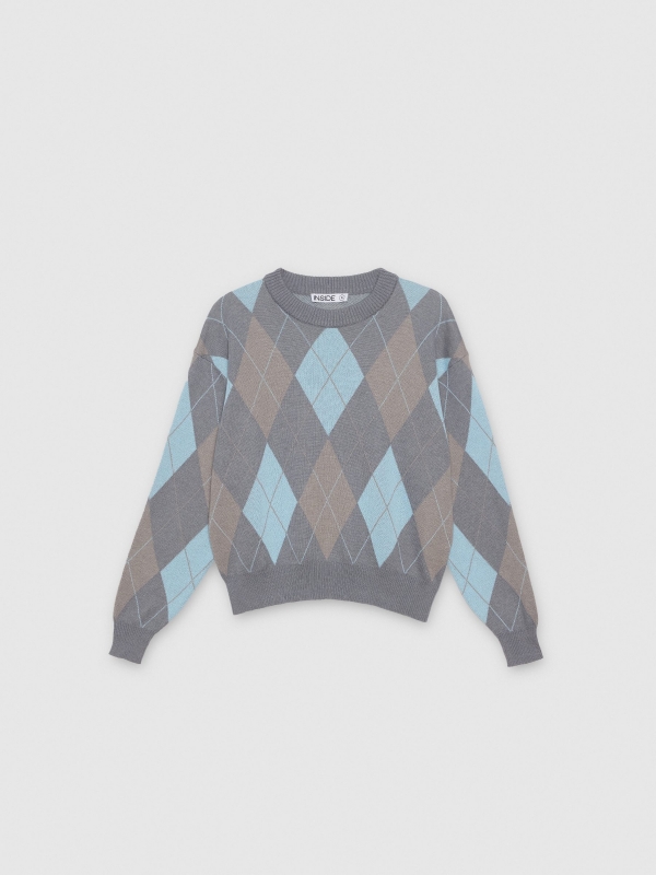  Jacquard argyle sweater grey front view