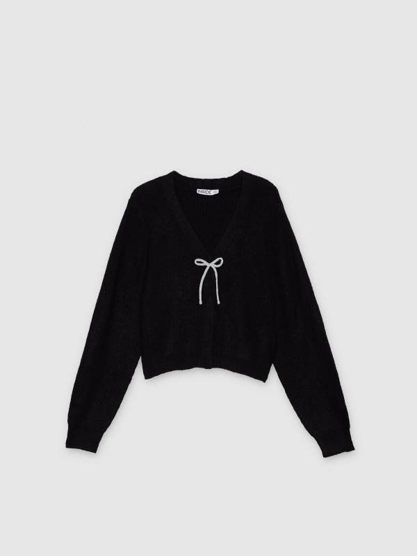  Casaco de malha com laço e strass preto vista frontal