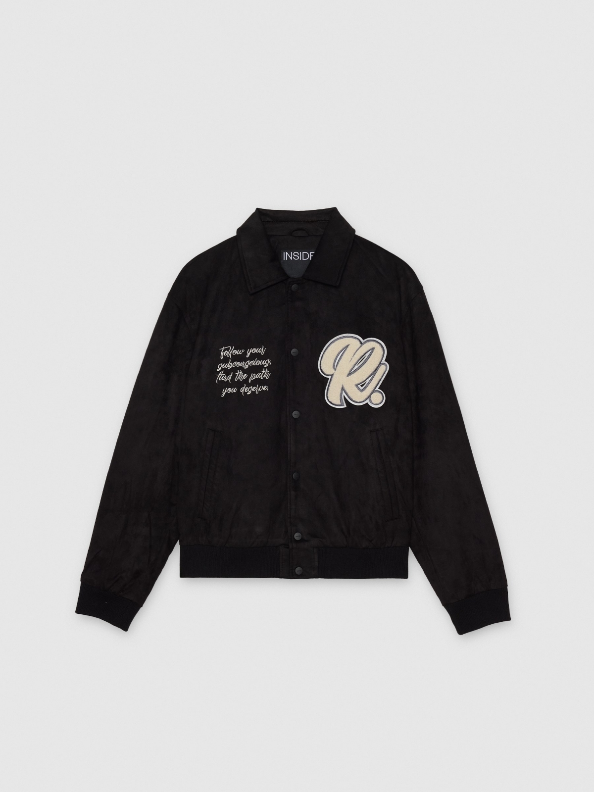 %Pto% Cazadora varsity efecto piel con botones negro vista frontal