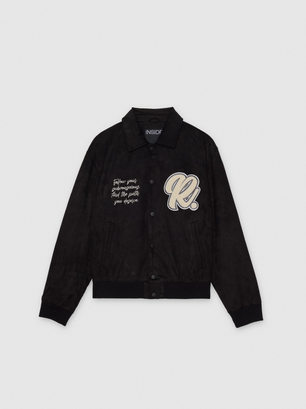  Jaqueta varsity efeito couro com botões preto vista frontal