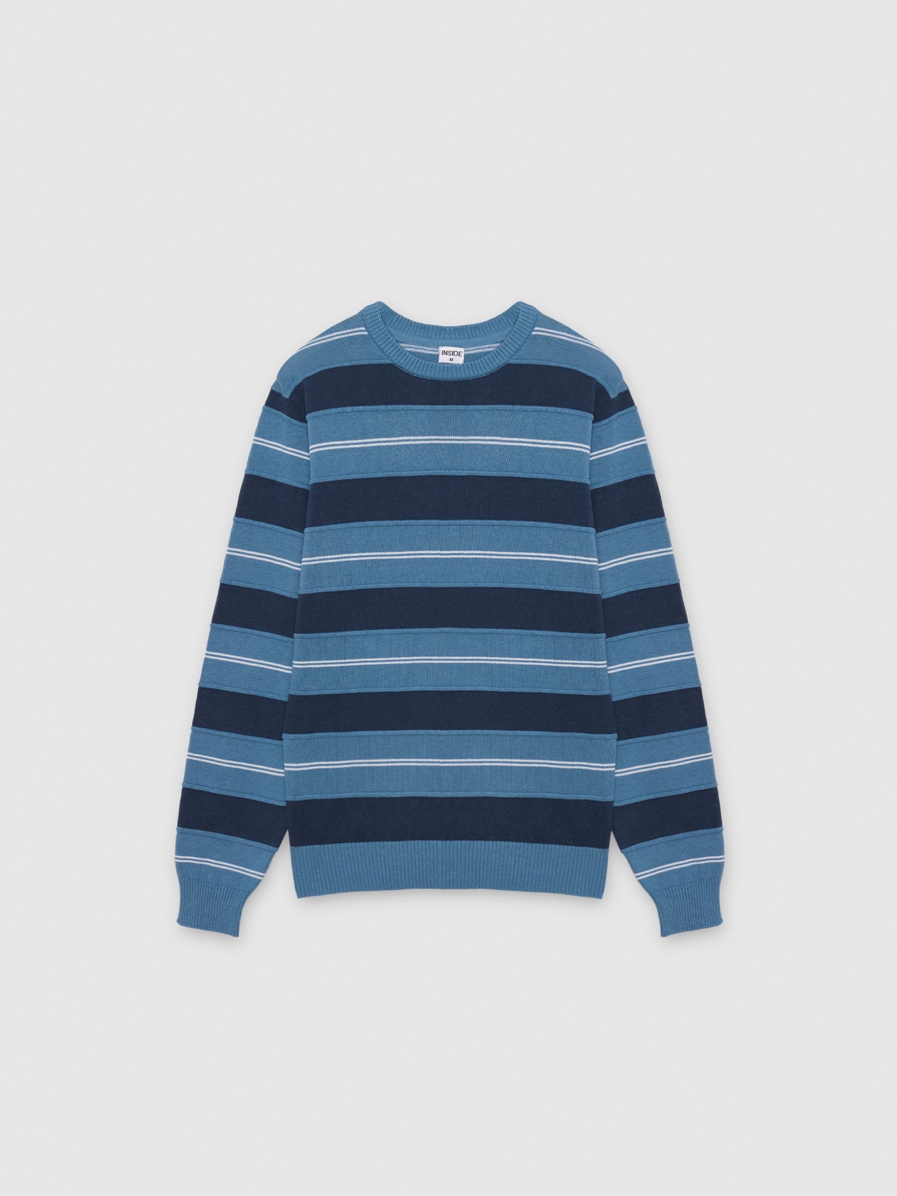%Pto% Navy blue striped knit sweater petrol blue front view
