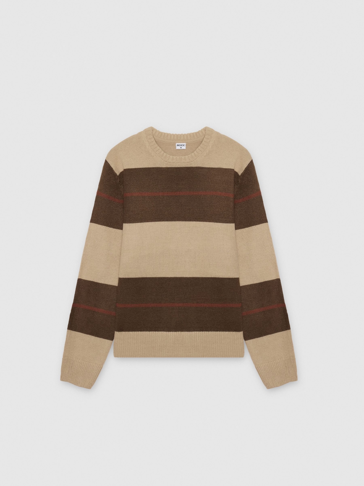 %Pto% Striped knit sweater with a round neck brown front view
