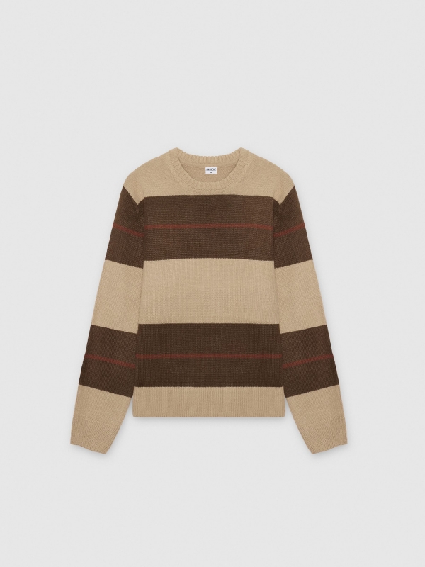  Striped knit sweater with a round neck brown front view