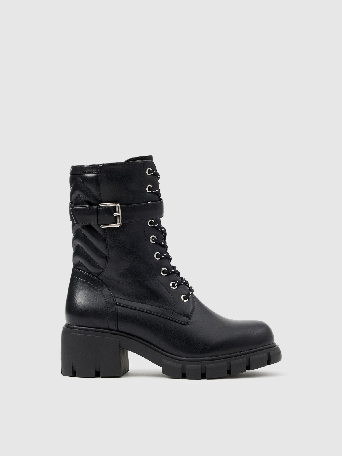 Buckle track sole ankle boot black