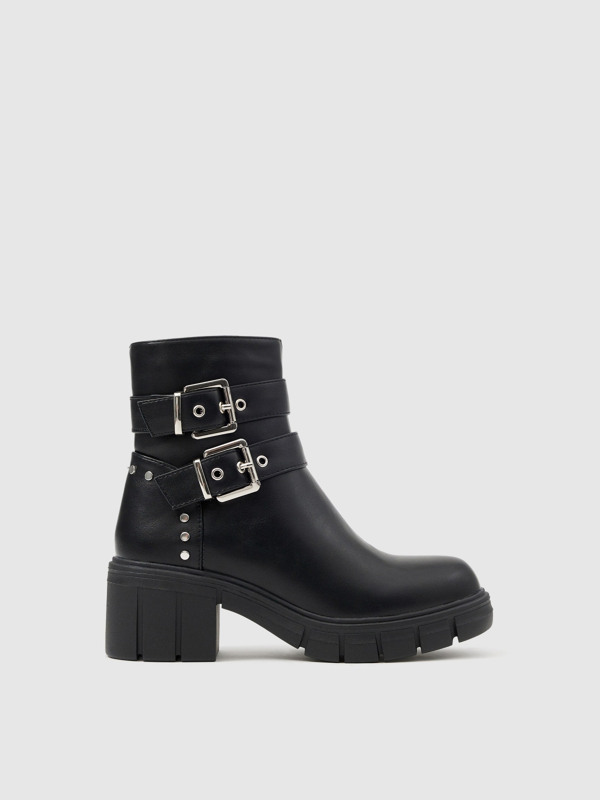 Ankle boot with track sole buckles black