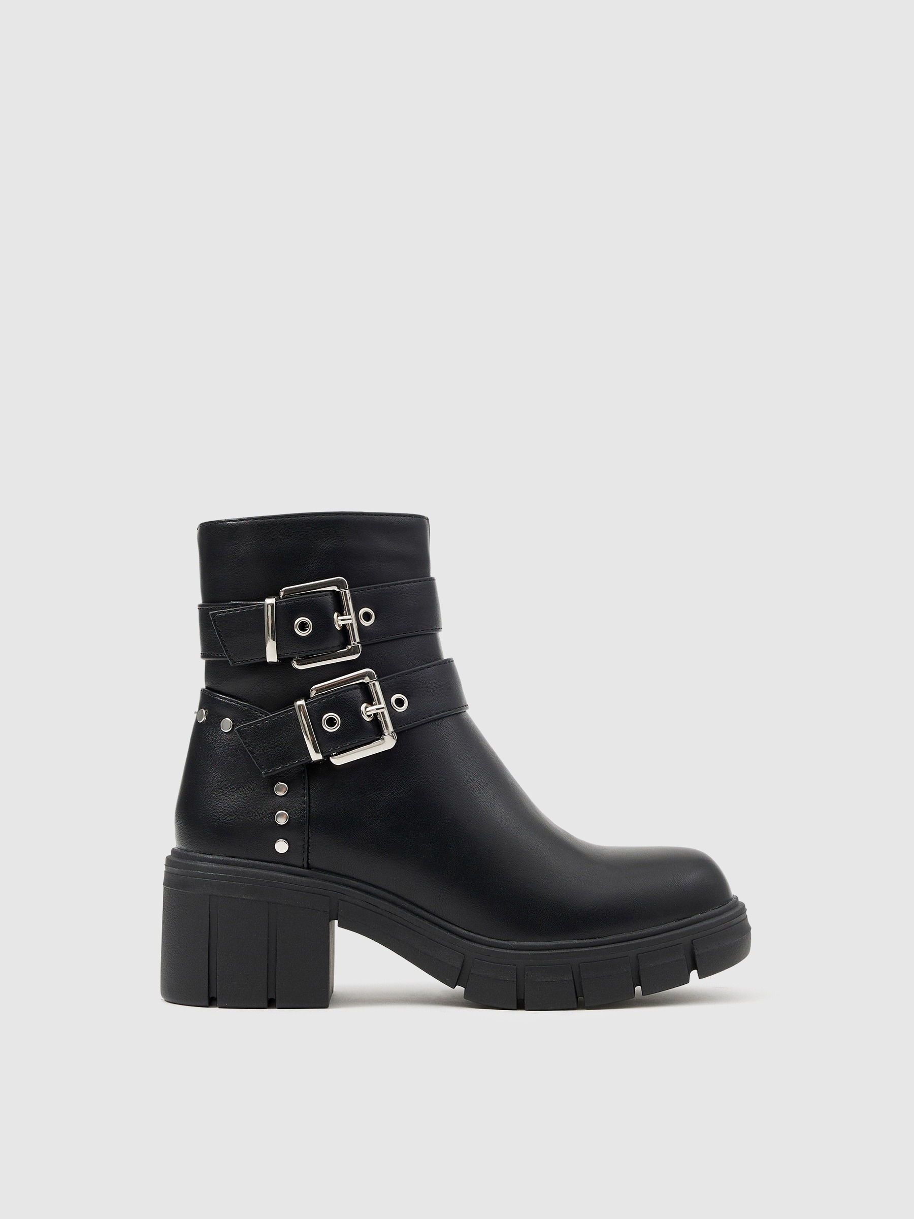 Ankle boot with track sole buckles black