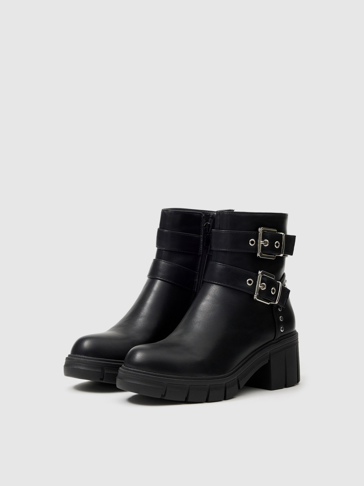 Ankle boot with track sole buckles black 45º front view