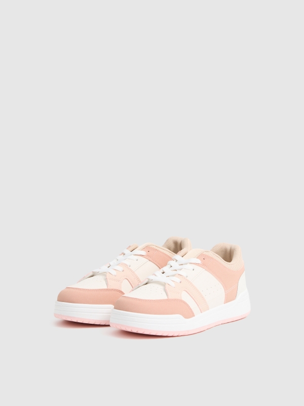 Casual combined faux leather sneakers sand 45º front view