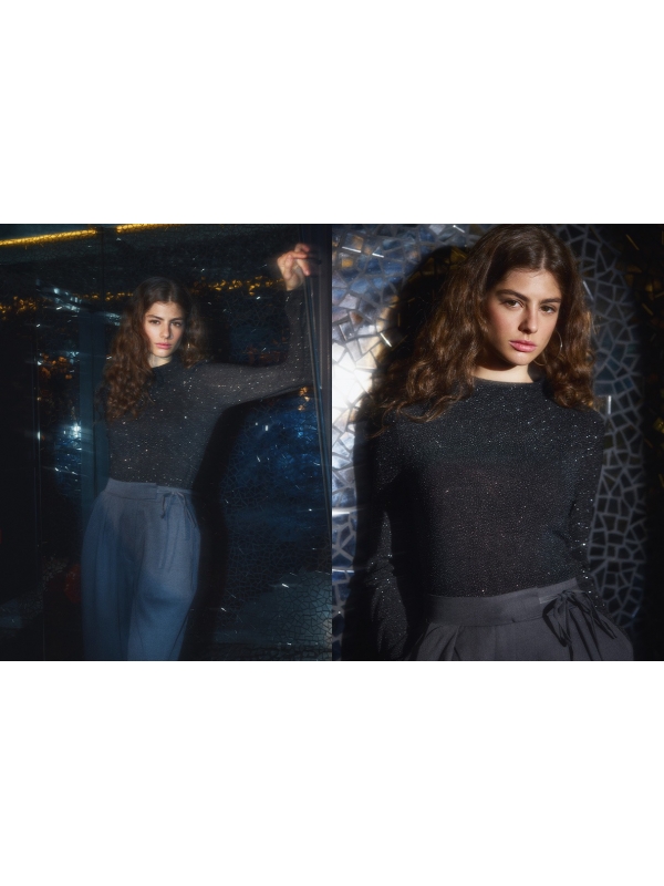  Camiseta lurex manga longa slim preto