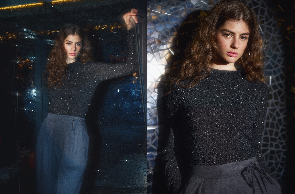 %Pto% Long sleeve slim lurex t-shirt black front view