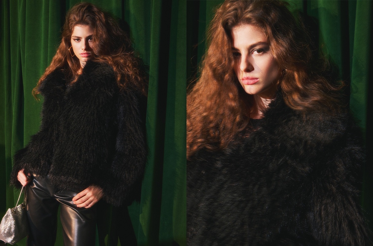 Faux fur effect jacket with lapel collar black middle front view