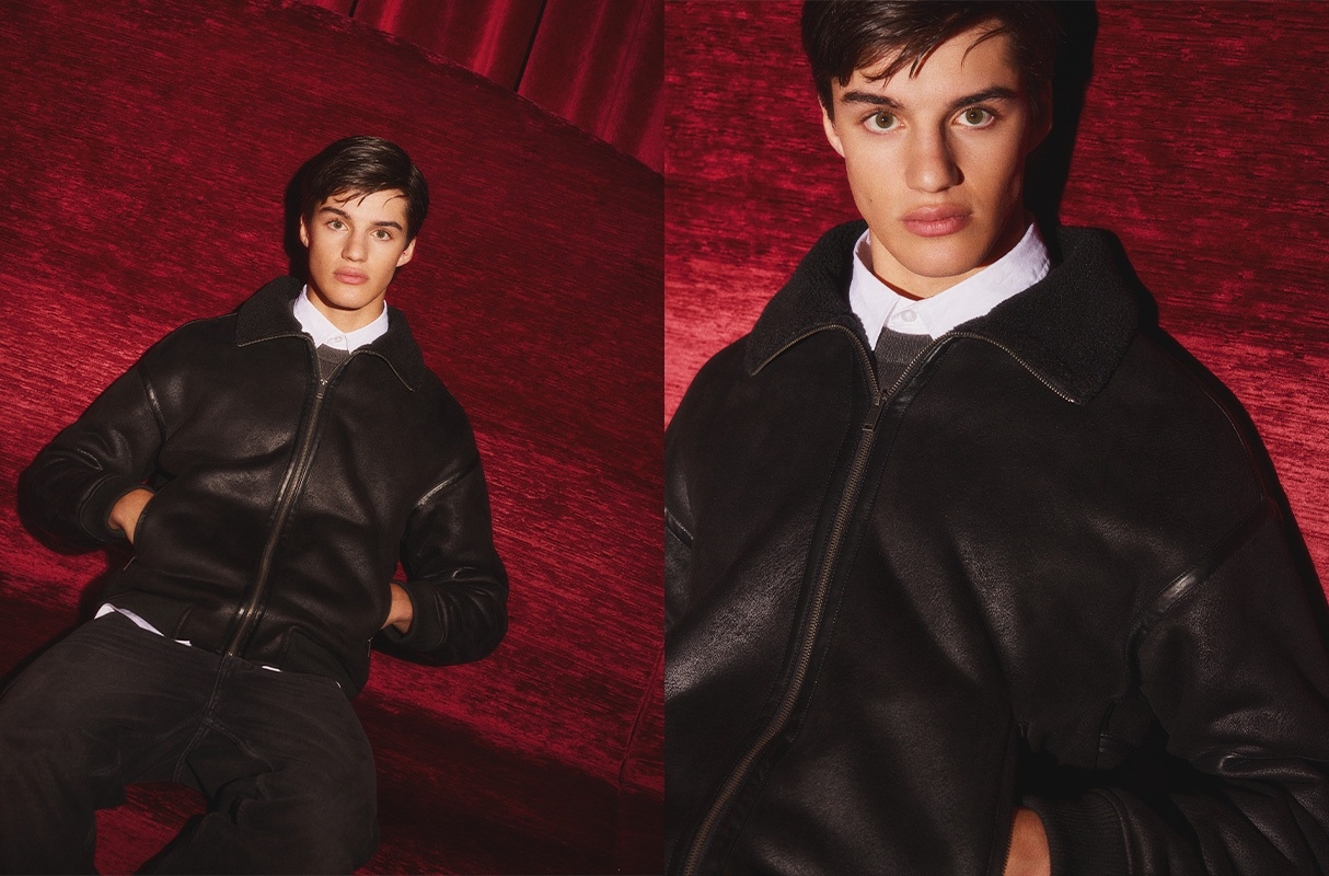 Faux leather jacket combined with shearling black middle front view