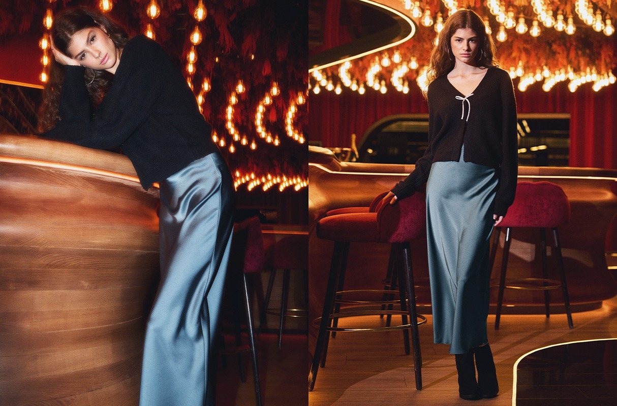 Satin midi skirt bluish gray middle front view