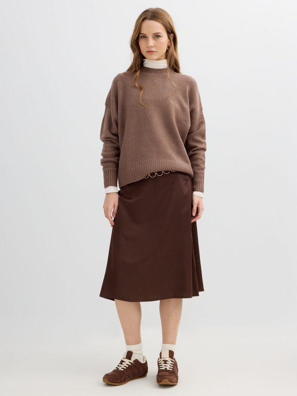 Brown midi satin skirt chocolate middle front view