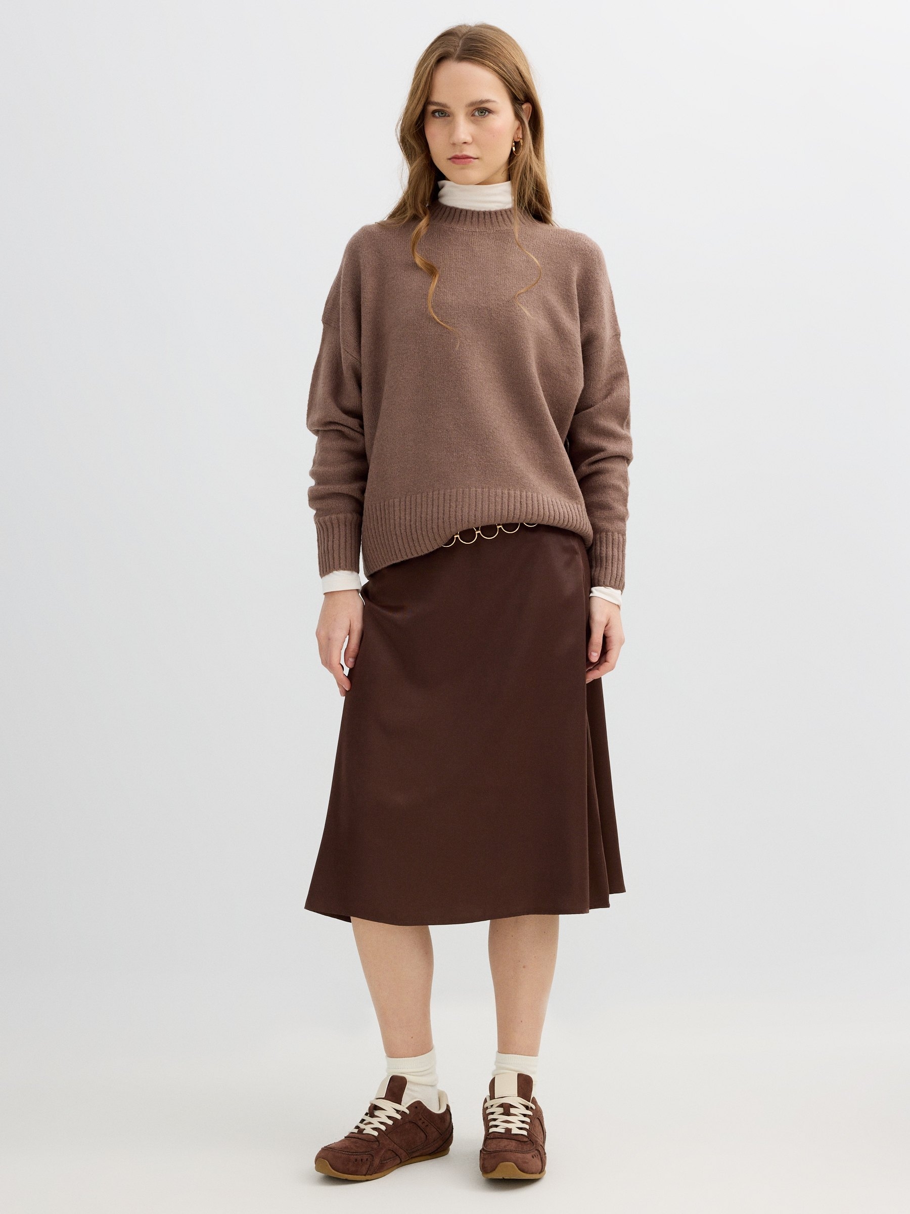 Brown midi satin skirt chocolate middle front view