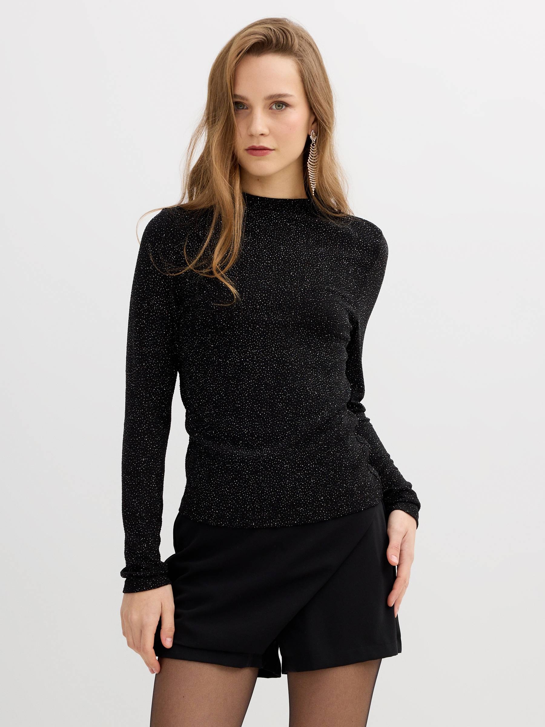 Long sleeve slim lurex t-shirt black middle front view