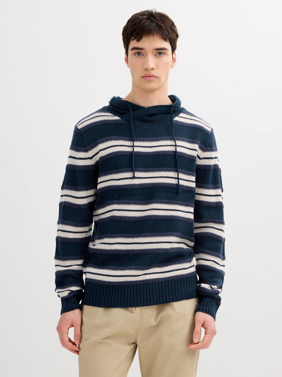 Striped knit sweater navy middle front view