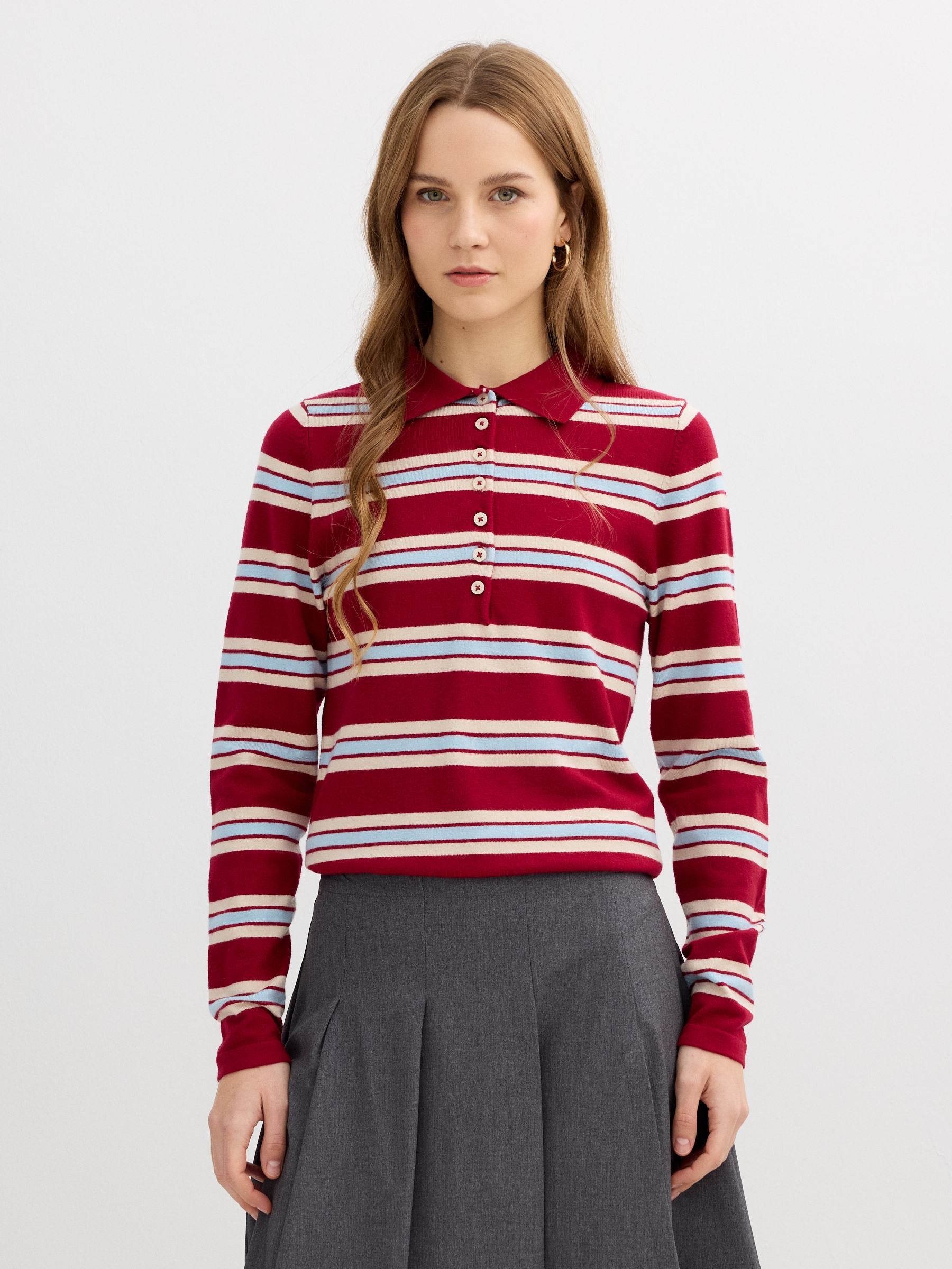 Jersey polo de malha listrada multicolorido vista meia frontal