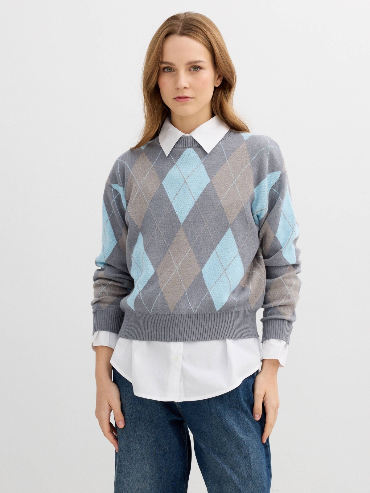 Jacquard argyle sweater grey middle front view