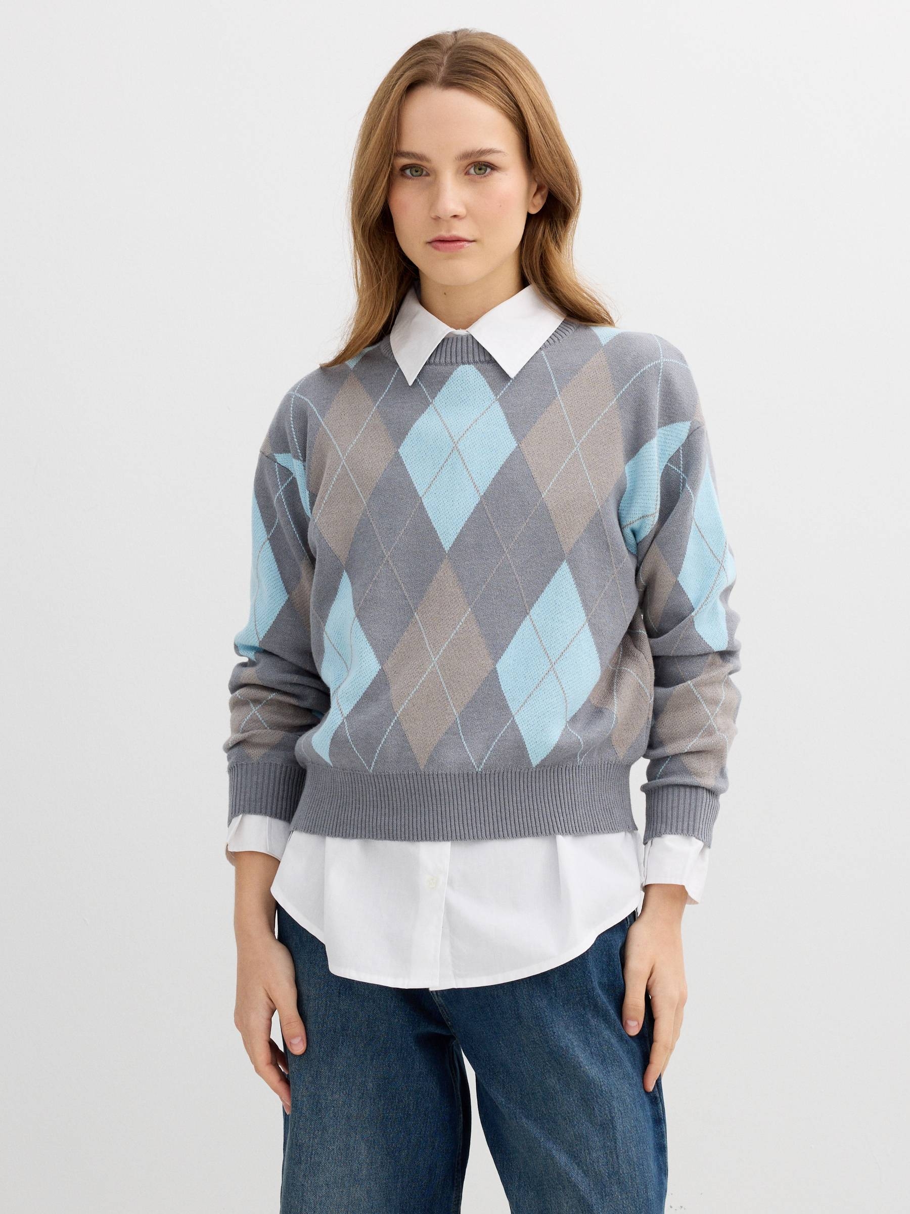 Jacquard argyle sweater grey middle front view