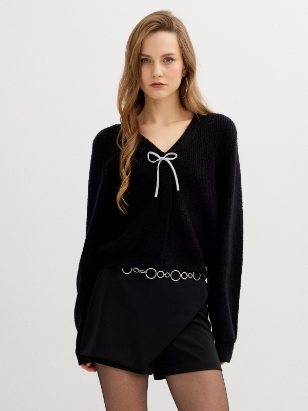 Knit jacket with rhinestone tie black middle front view