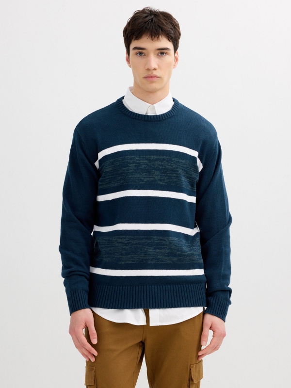Striped knit sweater with a round neck navy middle front view