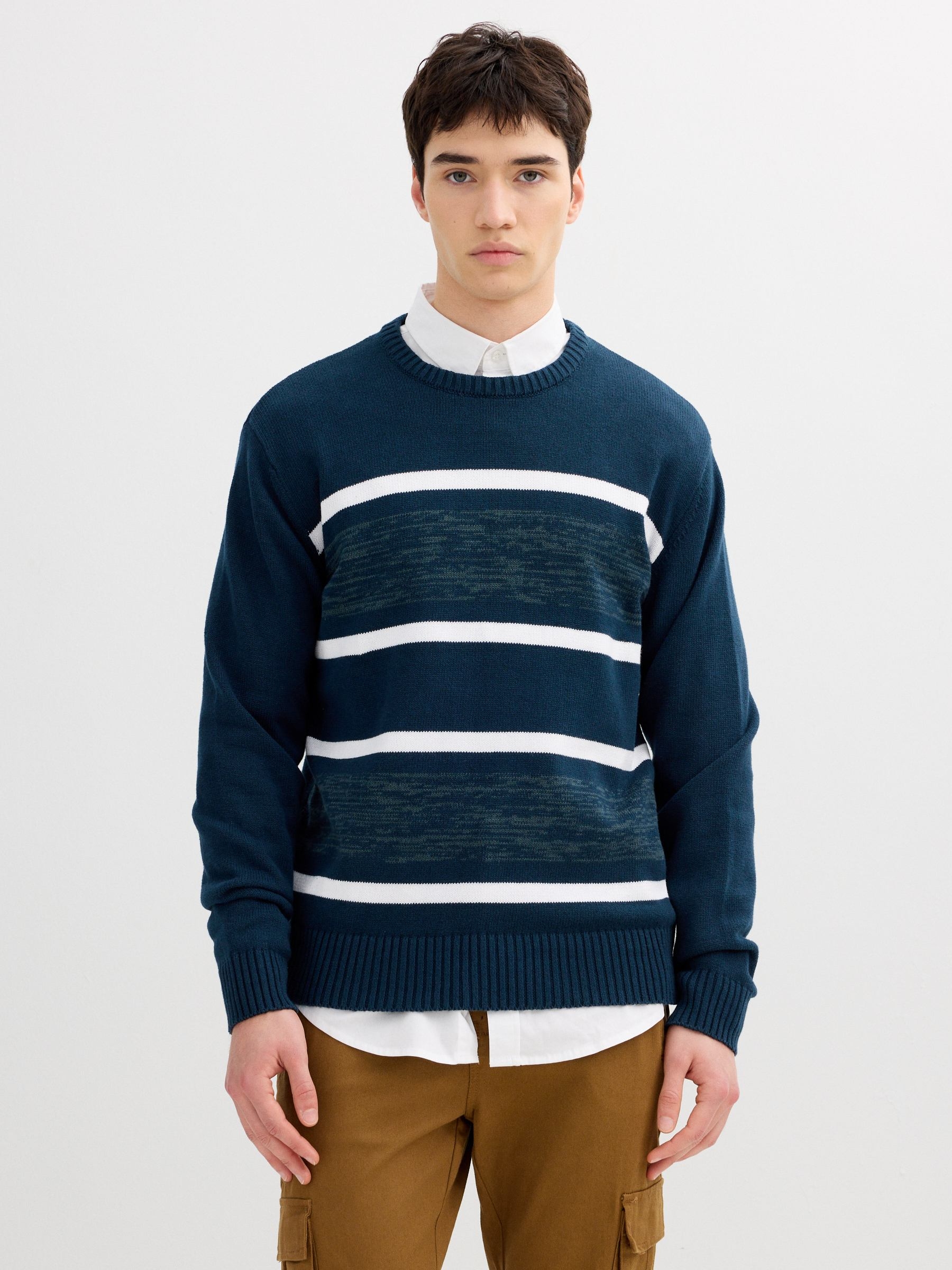 Striped knit sweater with a round neck navy middle front view