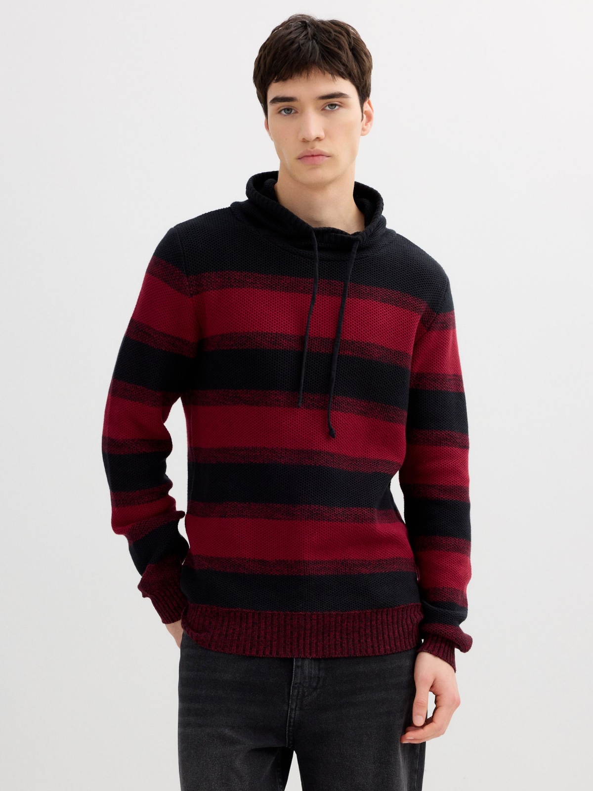 Striped knit sweater burgundy middle front view